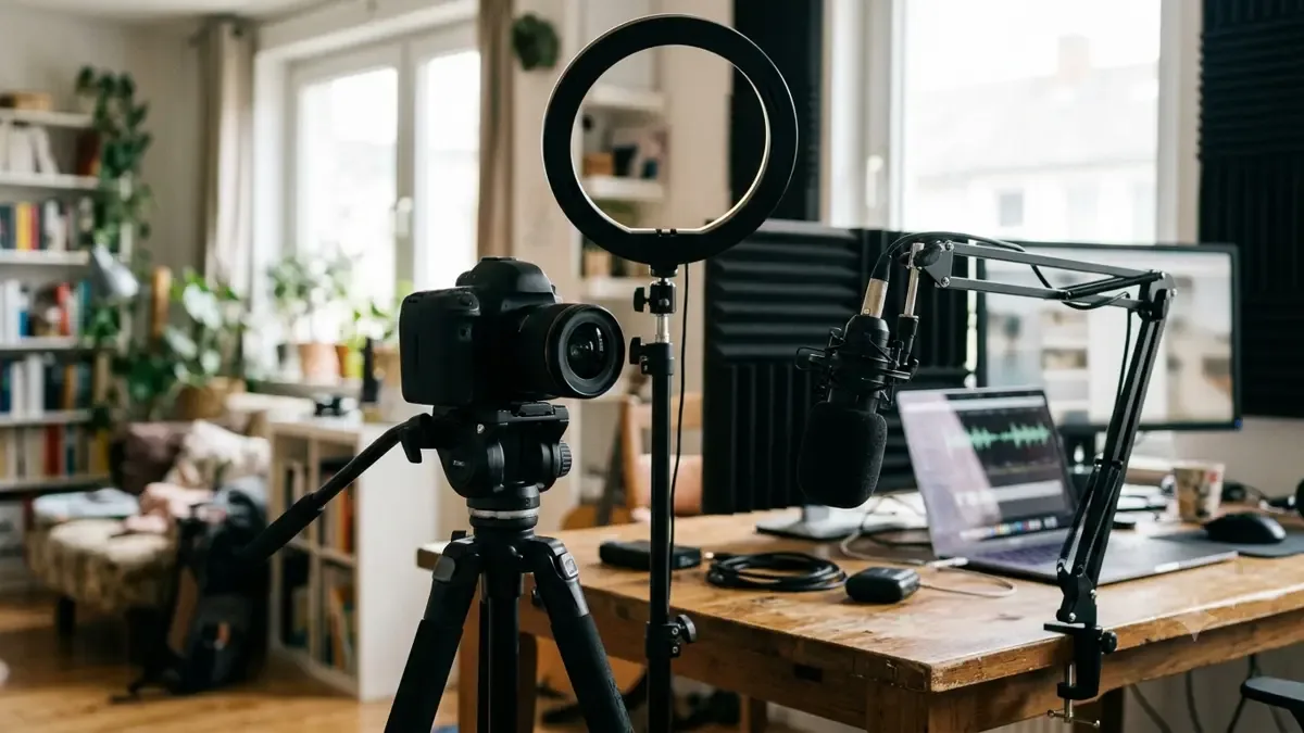 Cámara, micrófono y aro de luz sin marcas en un espacio de trabajo digital, plano medio documental, perspectiva natural