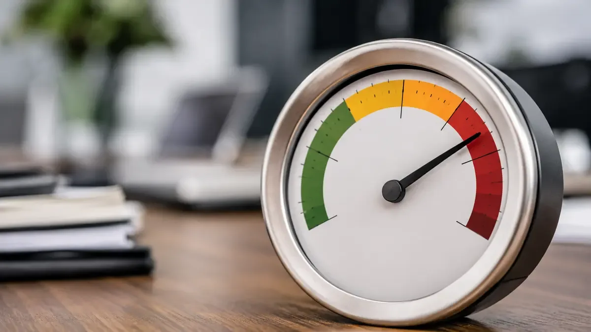 Medidor circular tipo gauge con una aguja apuntando a una zona marcada