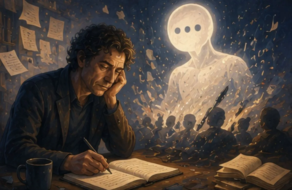Dave Eggers en una entrevista, con expresión seria y fondo de libros