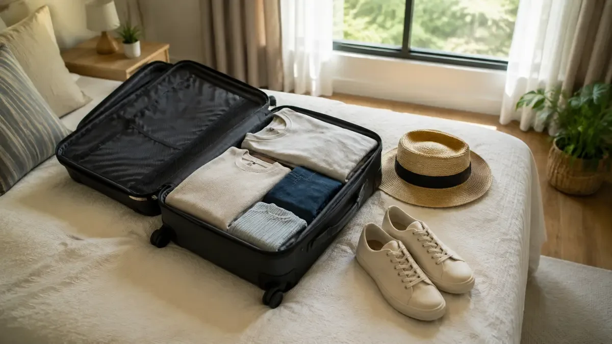 Valija abierta sobre la cama con ropa doblada y sombrero