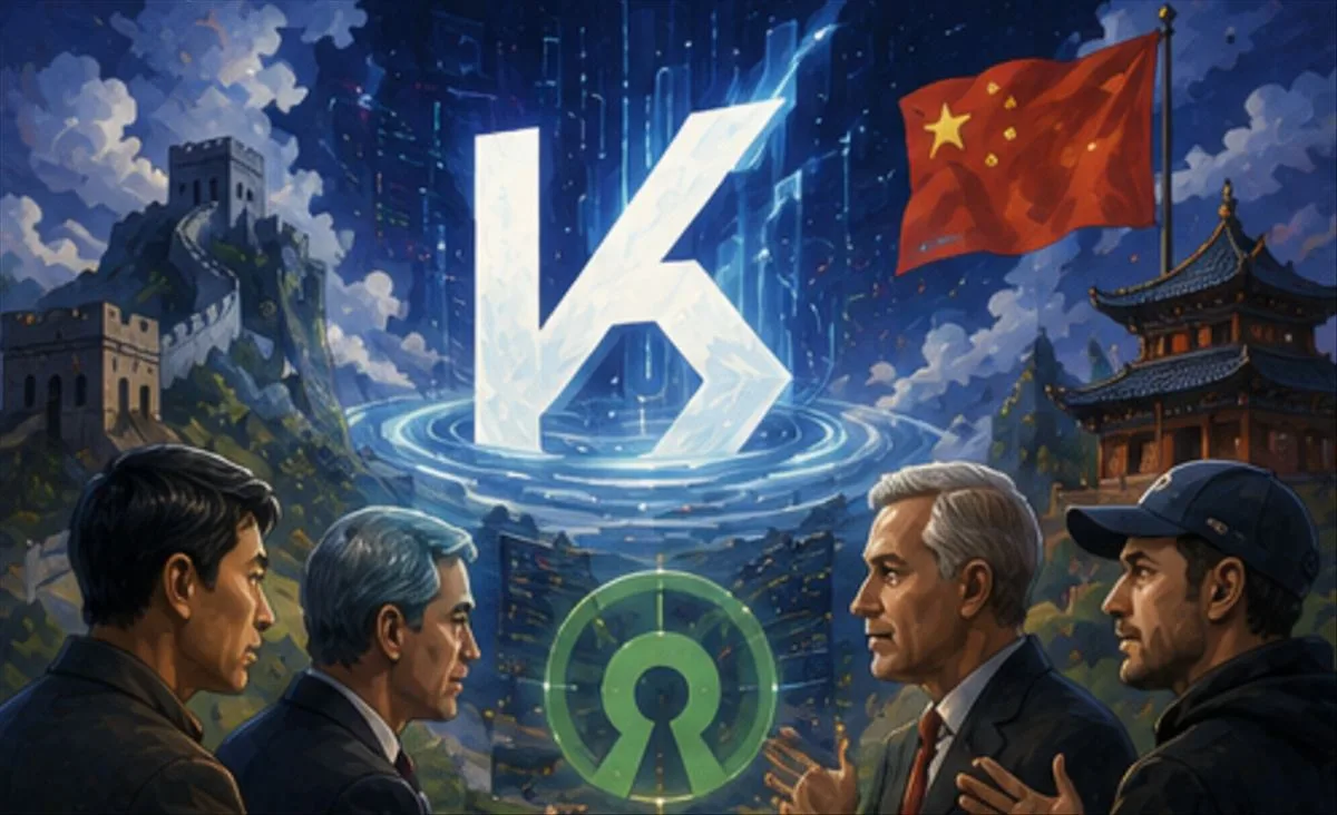 Logotipo de Kimi K3 junto a gráficos de benchmarks y caída del Nasdaq