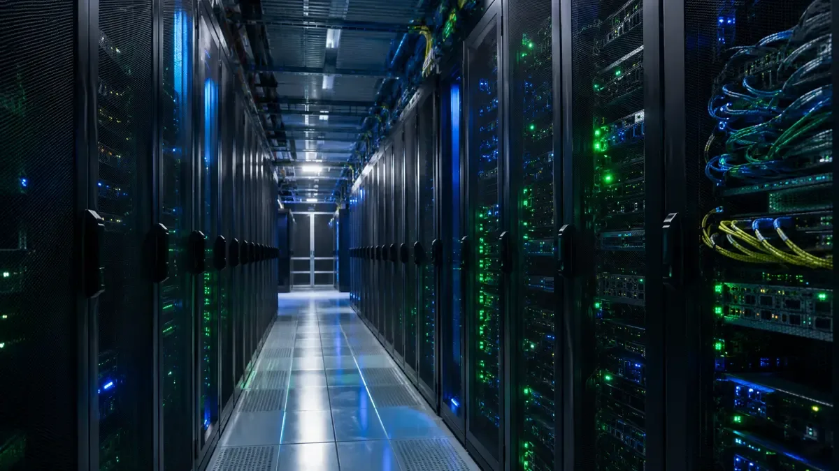 Pasillo de un centro de datos con racks de servidores