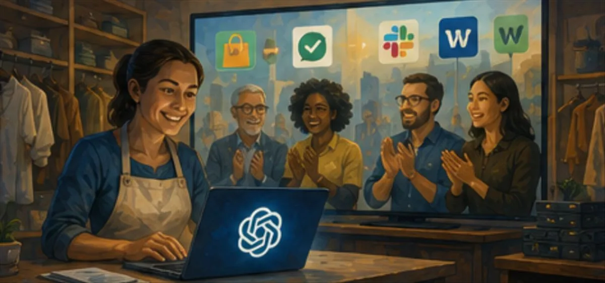 Logo de OpenAI junto a íconos de pequeñas empresas y computadoras en una oficina