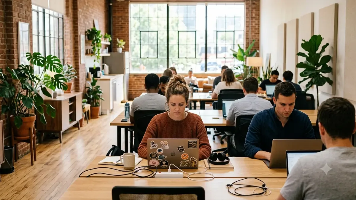 Oficina de coworking luminosa con personas trabajando, sin rostros